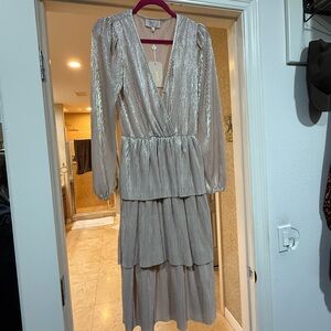 Wayf Silver Metallic Tiered Long Sleeve Dress